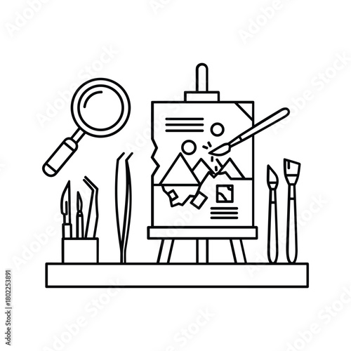 Detailed creative process and craft tools line art illustration featuring an easel and precision instruments