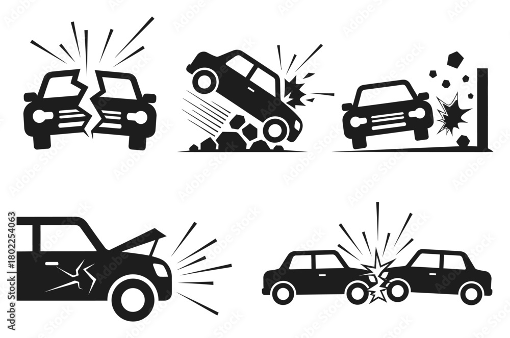 Naklejka premium Car Accidents Icons Set Damaged Vehicles, Collisions, Wall Impact Stock