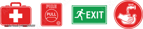 School Safety Icons First Aid Kit Fire Alarm Exit Sign Hand Washing Station