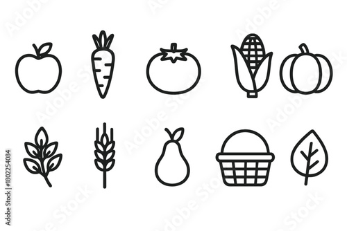 Farming, harvest outline icon set. Agriculture, farming tools, harvesting line icons