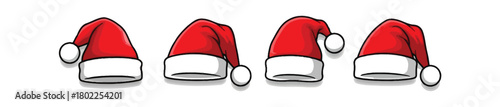 Cartoon Red Santa Hats With White Trim and Pom Poms on a White Background