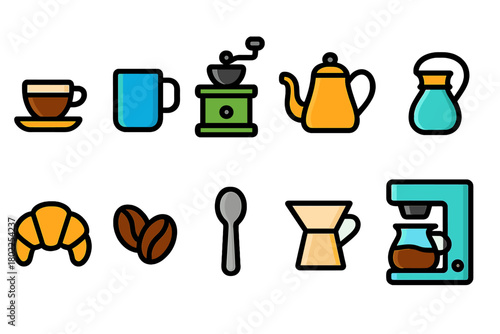 Coffee and tea outline icon set: cups, mugs, and brewing equipment collection