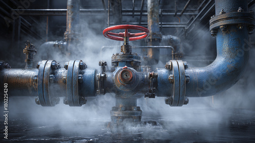 Industrial pipes and valves with vapor release, create the sense of tension 