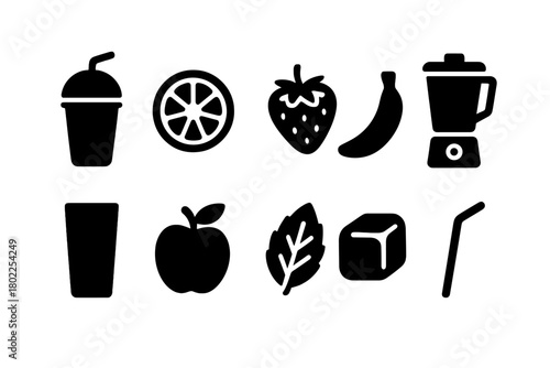 Smoothie, juicer silhouette icon set. Blender, fruit, drink icons collection