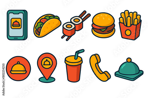Food delivery flat icon set. Delicious, favorites, meal, snack icons flat collection