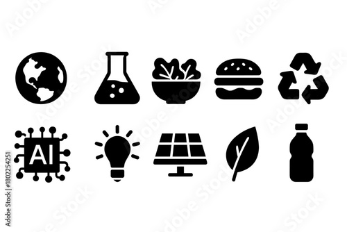 Eco and technology solid icon set. Environment, ai, recycling, sustainability icons.
