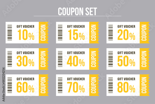 Set of discount coupon ticket. Various coupon promotion illustration. Shopping Discounts.