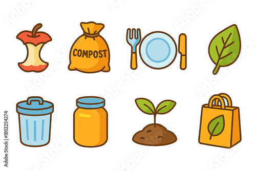 Compost and recycling filled icon set. Eco-friendly waste management icons collection