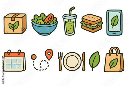 Eco-friendly lifestyle flat icon set. Sustainable, green living, recycling, organic style.