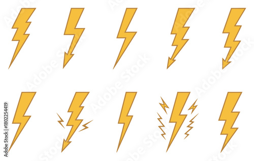 Cartoon Lightning Bolt Set, Yellow Thunder Icons on White, Comic Style Electricity