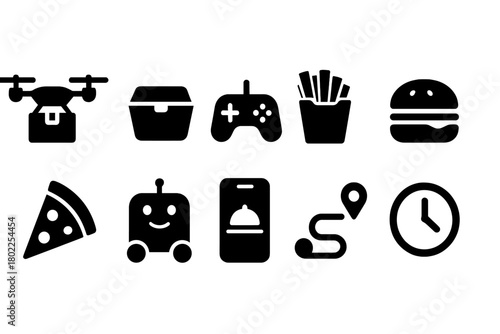 Fast food and delivery solid icon set. Meal, service, drone icons collection