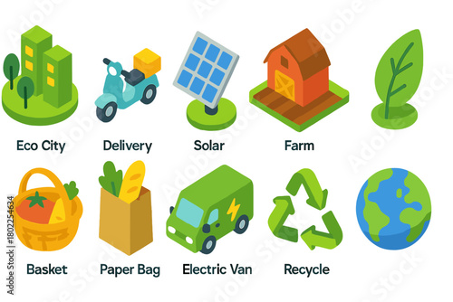 Sustainable living 3d icon set: eco city, solar, farm, recycle, and more essentials