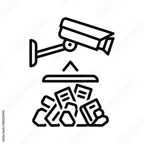 Security camera observing a pile of digital data files and documents, representing surveillance and information collection.