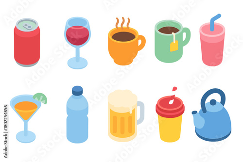Beverage filled icon set. Refreshment, drink icons collection in vibrant style