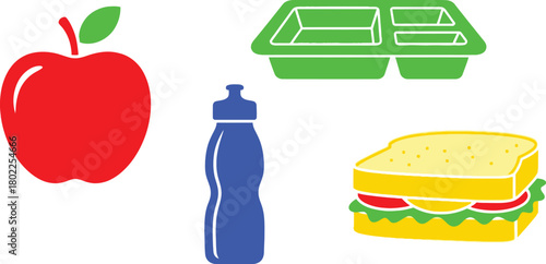 School Lunch Nutrition Icons Apple Lunch Tray Water Bottle Sandwich