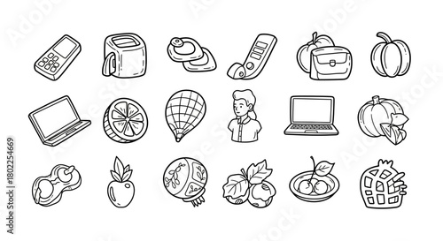 Outline collection of everyday objects and fruits in sketch style
