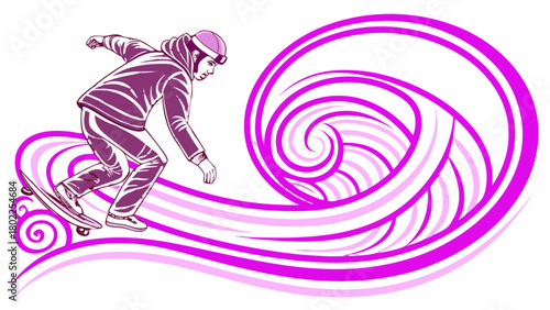 A skateboarder in a hoodie and helmet riding a skateboard over a pink wave design illustration