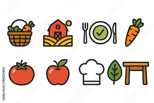 Farm fresh food icon set. Agriculture and cooking icons in outline style