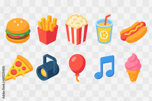 Food and entertainment flat icon set. Snacks, drinks, and fun outlined collection.
