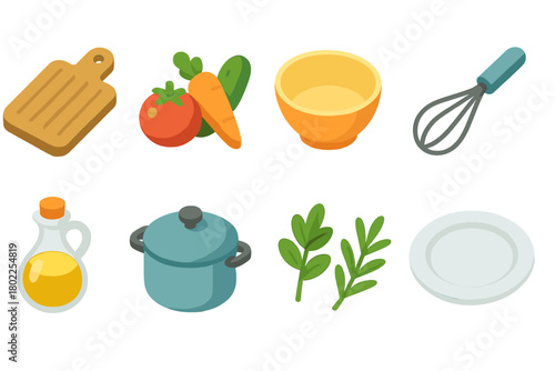 Cooking essentials flat icon set. Kitchen tools, food ingredients flat graphics collection