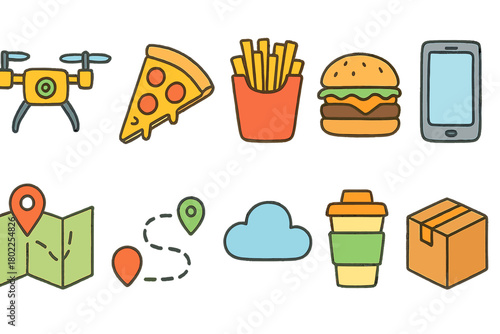 Fast food and delivery icon set. Takeout, map, gps flat icons collection