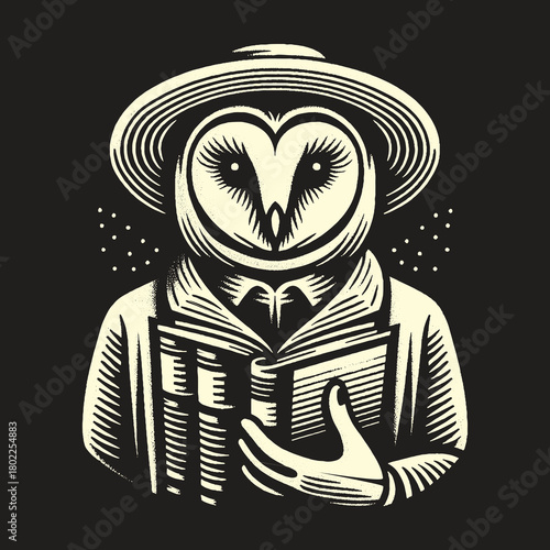 Wise Owl Reading Book Wearing Hat Illustration.