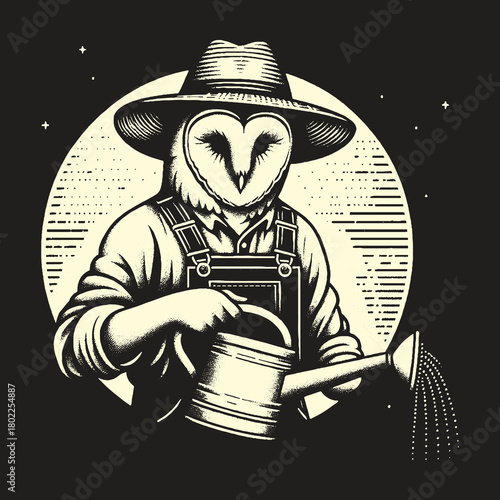 Owl Farmer Watering Plants Under the Night Sky.
