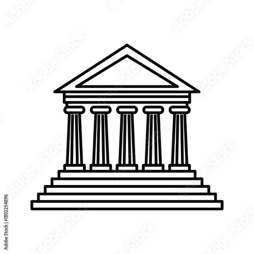 Minimalist line art icon of a classical architectural building featuring columns, steps, and pediment outline. perfect.