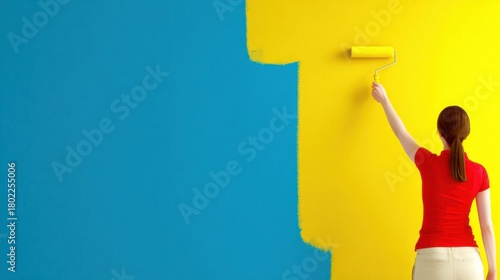 A person painting a wall in vibrant blue and yellow colors, showcasing creativity and home improvement.