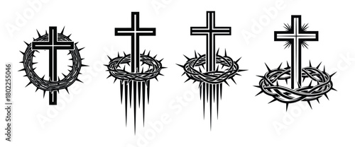 Christian Cross and Crown of Thorns Set Faith Symbols on White