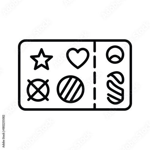 Outline coupon ticket icon with star heart symbols and various abstract elements for choices and restrictions