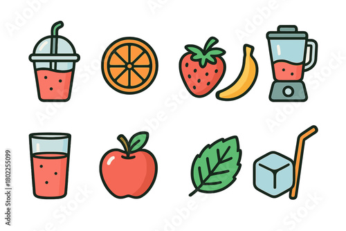 Fruit and beverage flat icon set. Juices, fruits, blender illustrations for healthy eating