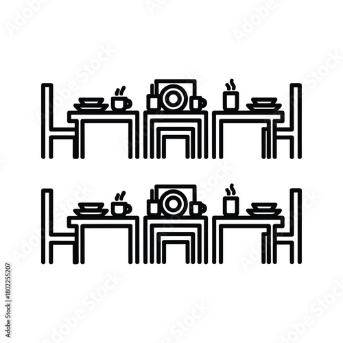 Restaurant food photography and dining experience concept icon, featuring tables, chairs, dishes, cups, and cameras.