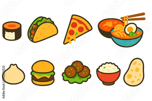 Food and cuisine flat icon set: diverse tastes from sushi to tacos and pizza