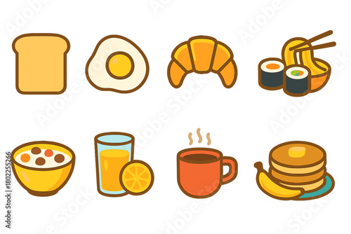 Breakfast food icon set. Flat breakfast elements collection for menus and apps.