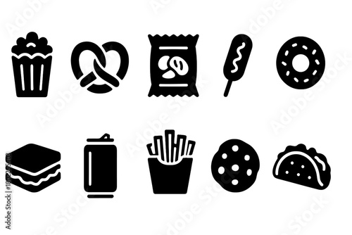 Food and beverage solid icon set. Fast food, snacks, drinks solid icons collection