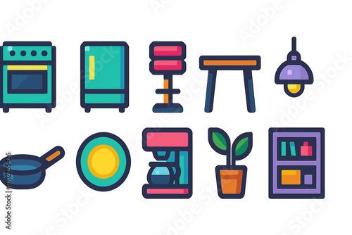 Home appliances flat icon set. Kitchen and furniture essentials flat collection