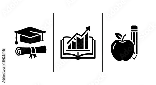 Education growth icons with diploma, graph, and apple in black and white silhouette style