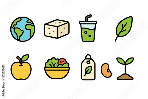 Vegan, eco-friendly solid icon set. Plant-based, sustainability symbols collection