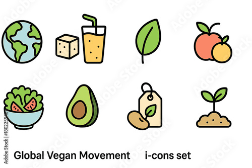 Vegan lifestyle icon set. Plant-based, organic icons in outline style