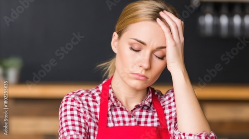 A woman in an apron looks distressed, resting her forehead on her hand, suggesting feelings of stress or overwhelm in a work environment.