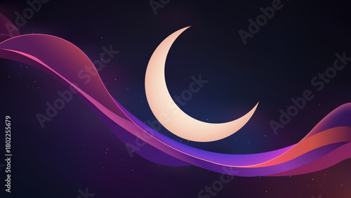 Dynamic digital Islamic abstract background featuring a glowing crescent moon, sleek motion lines, and gradient overlays. Blending spiritual elegance with futuristic AI-inspired design for a bold.