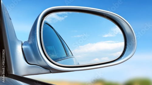 A car side mirror reflecting a blue sky with clouds, showcasing a clear day and the vehicle's sleek design.