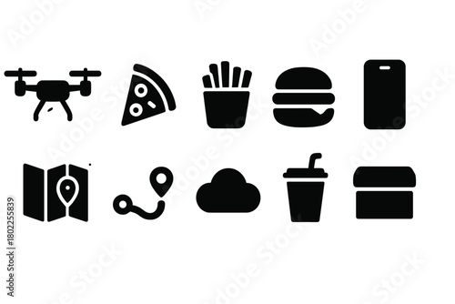 Fast food, delivery silhouette icon set. Restaurant, takeout, transportation icons