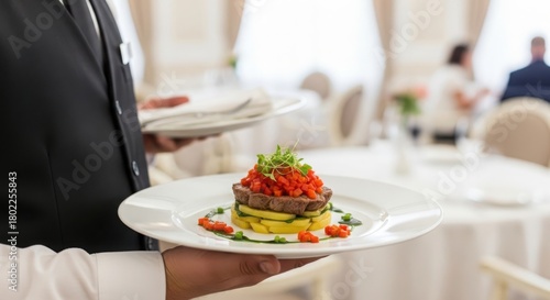 Wallpaper Mural Professional Waiter Serving Gourmet Steak Dish with Red Topping in Elegant Restaurant Torontodigital.ca