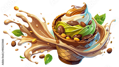 Ultra realistic soft-serve ice cream cone with dramatic liquid splash effect around it, milk/pistachio/caramel/chocolate splash frozen mid-motion, highly detailed droplets, studio lighting