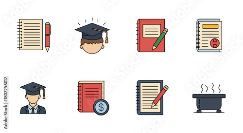 Education icons: books, graduation, and learning tools for academic success