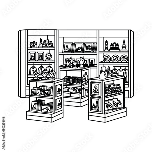 Gift shop interior line art illustration with souvenirs and display shelves, shopping tourism retail store design.