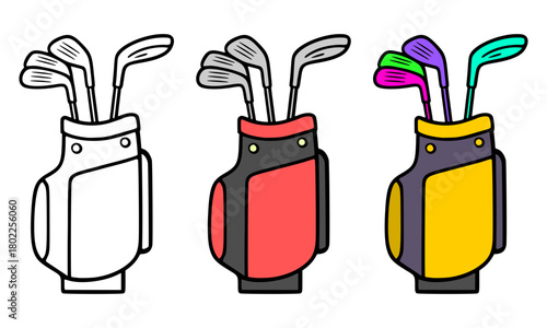 Golf bag design with colorful clubs in flat vector seamless style