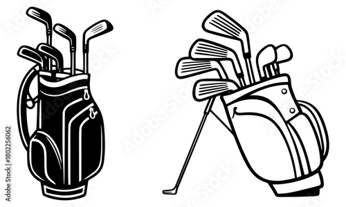 Golf stand bag filled with various clubs in monochrome vector style